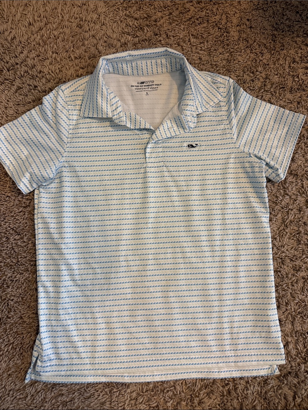 Vineyard Vines Boy’s White Polo with Light Blue Wave Stripes